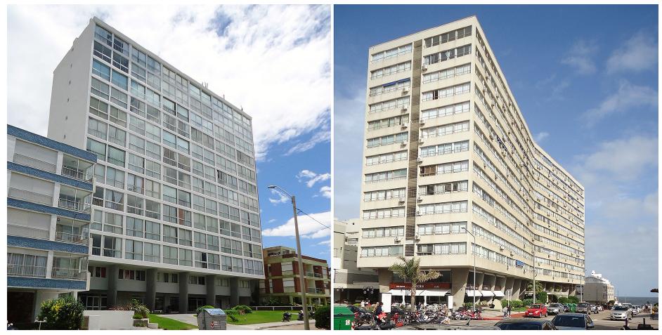 O Edif&iacute;cio El Grillo (esquerda), constru&iacute;do parcialmente; e o Edif&iacute;cio Santos Dumont, com a inflex&atilde;o do bloco acomodando o porte-coch&egrave;re. 