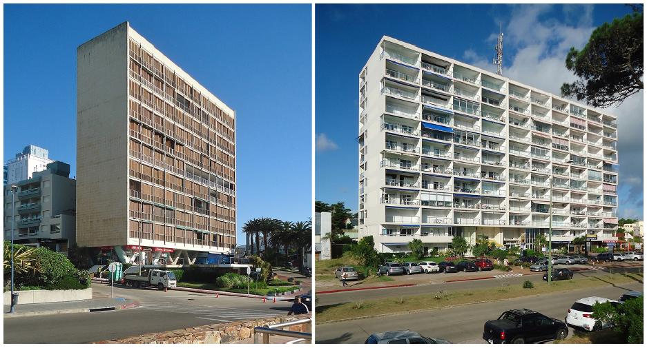 O Edif&iacute;cio Puerto (esquerda), com a composi&ccedil;&atilde;o cambiante de padr&atilde;o construtivo; e o Edif&iacute;cio Isla Gorriti, com os balc&otilde;es recorrentes.