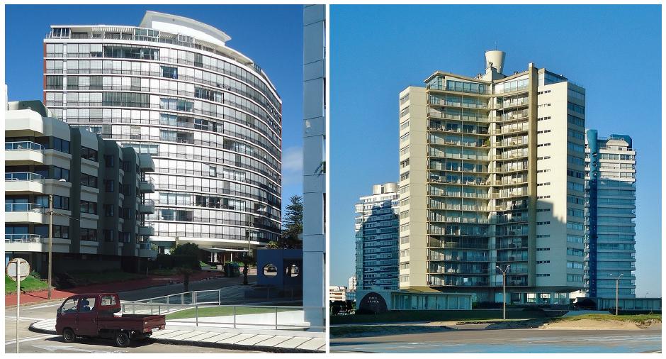 O Edif&iacute;cio Lafayette (esquerda) com as fachadas revestidas com persianas met&aacute;licas; e o Edif&iacute;cio Opus Alpha, com o ingresso entre os dois strips comerciais curvos.