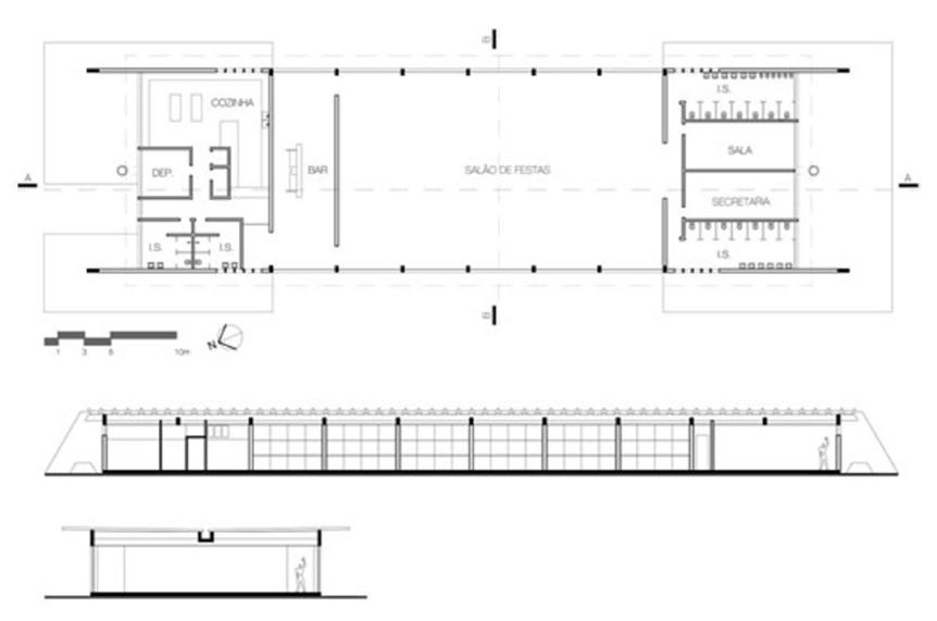 Planta baixa e cortes do Umuarama Country Club, 1969.