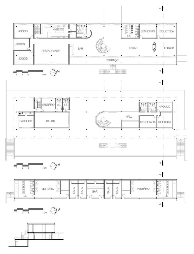 Plantas (primeiro pavimento, t&eacute;rreo e semi-enterrado) e corte transversal do Maring&aacute; Country Club (vers&atilde;o de 1958).
