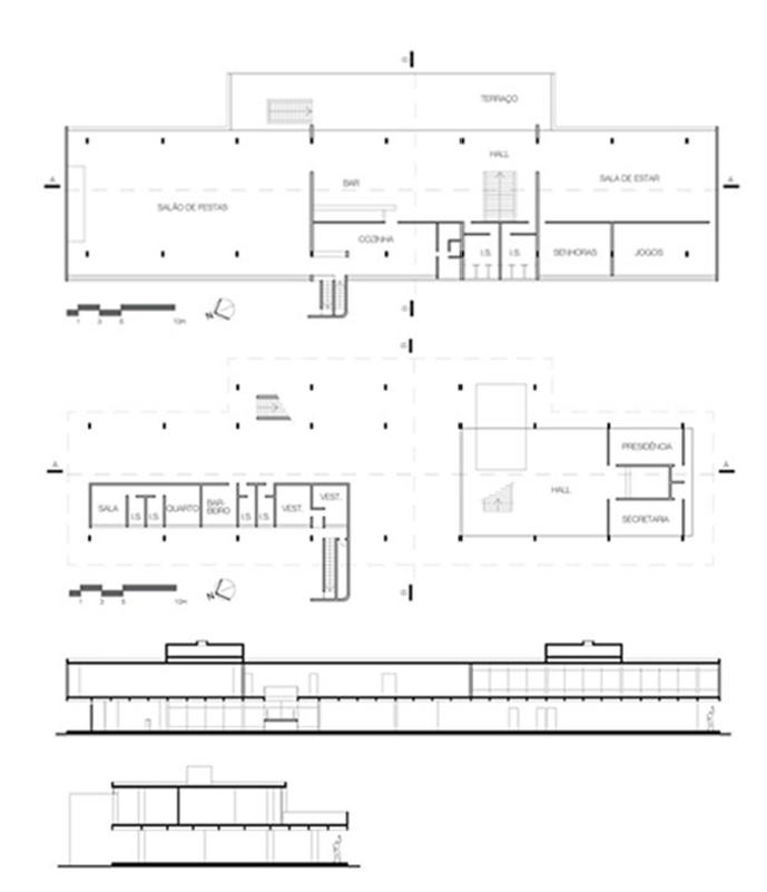 Plantas (t&eacute;rreo e primeiro pavimentos) e cortes longitudinal e transversal do Umuarama Country Club (vers&atilde;o de 1963).