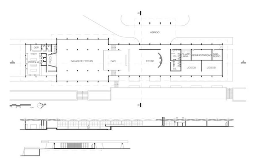 Planta baixa e cortes do Country Club de Maring&aacute; (vers&atilde;o de 1962).