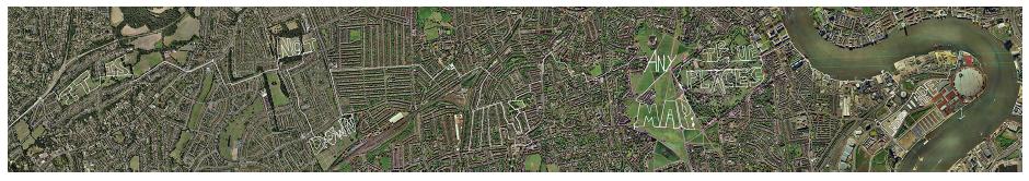 Sobreposição de fotos de satélite da cidade de Londres ao fundo e a trajetória do artista demarcada pelo GPS representada com as linhas brancas. A trajetória inscreve no território e escreve na imagem a citação “It is not down in any map; true places never are”.