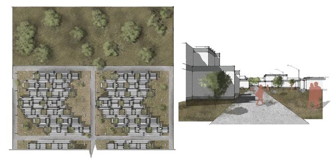 Espa&ccedil;o coletivo &ldquo;entre as casas&rdquo;. Simula&ccedil;&atilde;o realizada a partir dos dados do projeto.