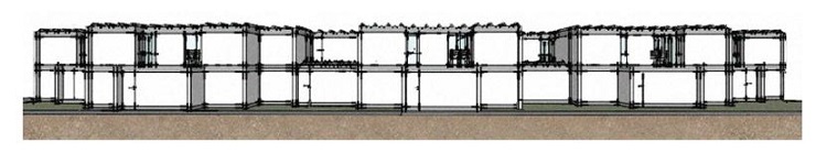 Agrupamento das unidades habitacionais j&aacute; com expans&atilde;o do segundo pavimento consolidada. Simula&ccedil;&atilde;o realizada a partir dos dados do projeto.