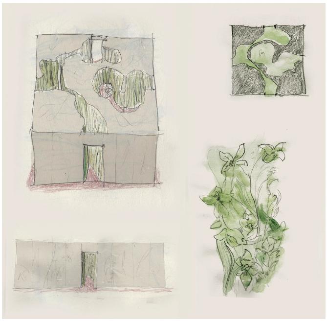 Cristina Iglesias’ Vegetation Room, site sketches, mixed media on paper.