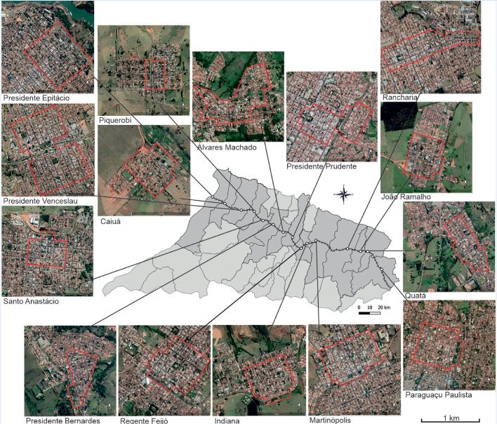 Divis&atilde;o atual da Alta Sorocabana e mosaico de imagens das cidades que surgiram a partir da ferrovia, com a demarca&ccedil;&atilde;o de seus n&uacute;cleos primitivos.