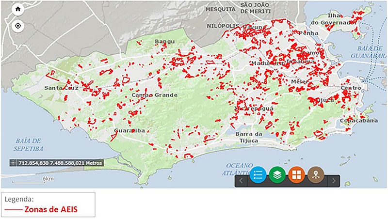 Localiza&ccedil;&atilde;o das zonas de &Aacute;reas de Especial Interesse Social na cidade do Rio de Janeiro.