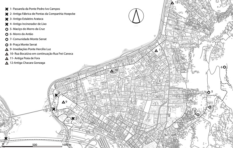 Mapa do Centro Expandido de Florian&oacute;polis, com os trajetos realizados.
