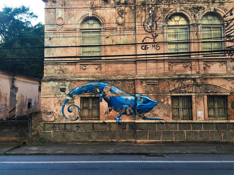 Grafite do camale&atilde;o na fachada em ru&iacute;nas do casar&atilde;o da antiga Ch&aacute;cara Gonzaga, centro expandido de Florian&oacute;polis.
