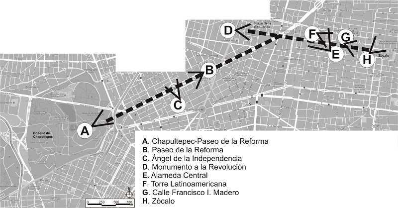 Ubicación de los puntos de mirada de las ocho tarjetas postales trabajadas en el eje de investigación en la Ciudad de México.