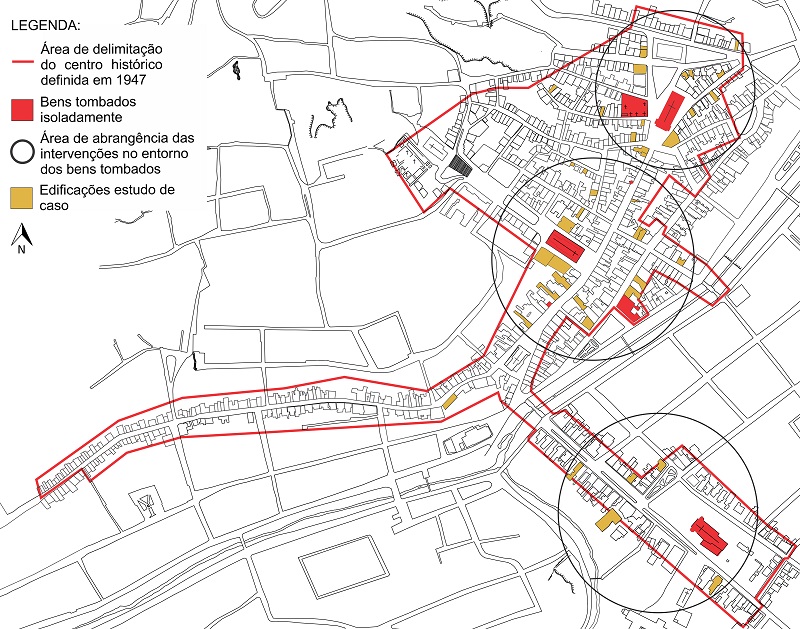 Planta do per&iacute;metro de tombamento de S&atilde;o Jo&atilde;o del-Rei, destacando-se o entorno dos bens tombados isoladamente e as edifica&ccedil;&otilde;es identificadas na pesquisa.