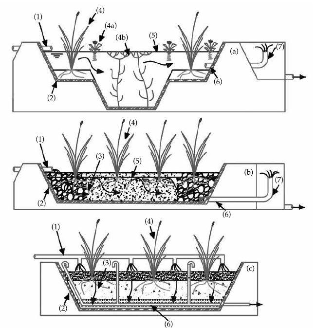Tipos de HC y componentes: (a) HC de flujo horizontal superficial (HS); (b) HC
de flujo horizontal subsuperficial (HSS); (c) HC de
flujo vertical (HV); (1) tuber&iacute;a influente; (2) impermeabilizaci&oacute;n; (3) medio
de soporte; (4) vegetaci&oacute;n emergente; (4a) vegetaci&oacute;n flotante; (4b) vegetaci&oacute;n
sumergida; (5) nivel de agua; (6) tuber&iacute;a de recolecci&oacute;n; (7) estructura de
drenaje para mantenimiento de nivel de agua.