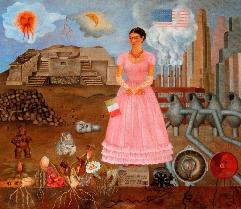 Autorretrato en la frontera entre México y los Estados Unidos. 1932.  Óleo sobre metal de 31 cm x 35 cm.