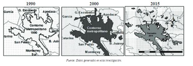 Mapa 2. Permetros metropolitanos 1990, 2000 y 2015.