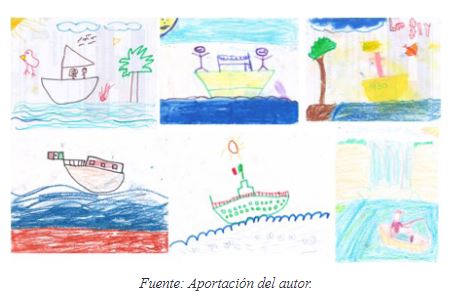 Figura 10. Dibujos donde se representan todo tipo de embarcaciones realizados por nios de knder y primaria durante los Talleres Iconogrficos en el Mdulo “Dibuja tu Ciudad”.