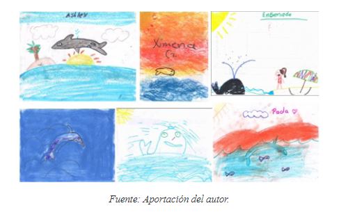 Figura 11. Dibujos donde se representa la fauna marina realizados por nios de knder y primaria durante los Talleres Iconogrficos en el Mdulo “Dibuja tu Ciudad”