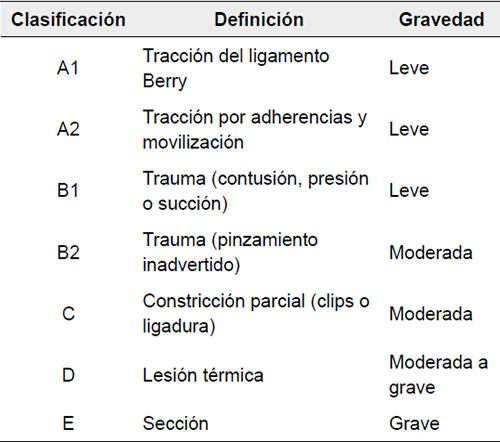 Clasificaci&oacute;n de las lesiones intraoperatorias del nervio lar&iacute;ngeo recurrente, seg&uacute;n Dionigi de la Universidad de Insubria, Italia.