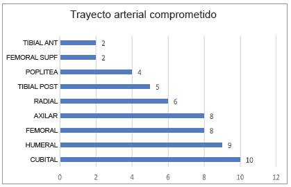 Trayectos arteriales comprometidos en pacientes con trauma vascular perif&eacute;rico del Hospital Universitario Hernando Moncaleano Perdomo 2014 - 2016.