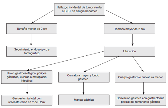 Esquema de manejo quir&uacute;rgico para tumores del estroma gastrointestinal (GIST) en cirug&iacute;a bari&aacute;trica.