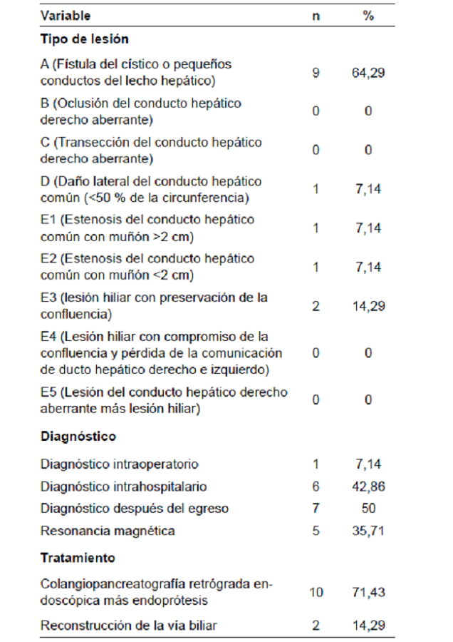 Clasificaci&oacute;n de la lesi&oacute;n de la v&iacute;a biliar seg&uacute;n Strasberg 7 y su tratamiento (n=14).