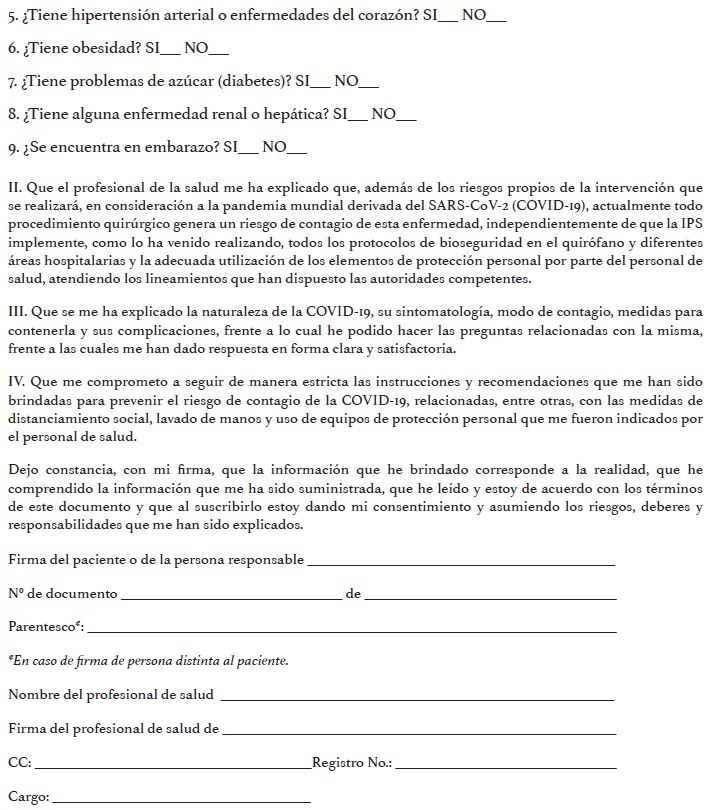 Consentimiento informado sobre riesgo de contagio de COVID-19.  Continuación
