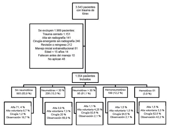 Pacientes incluidos, criterios de exclusi&oacute;n y resultado de la radiograf&iacute;a inicial.