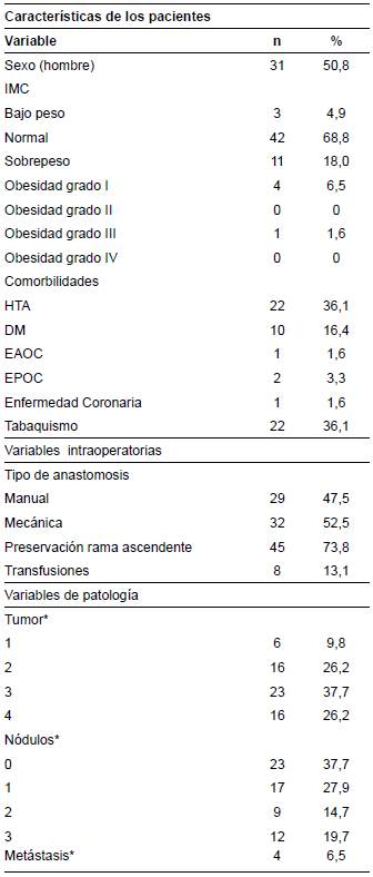 Caracter&iacute;stica de los pacientes, variables intraoperatorias y variables de patolog&iacute;a.