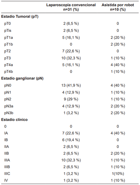 Clasificación pTNM de los pacientes sometidos a gastrectomía por técnica de mínima invasión.
