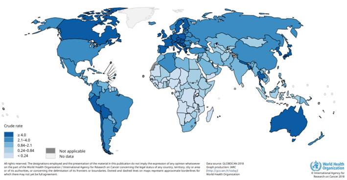 Tasas crudas de incidencia de c&aacute;ncer de ves&iacute;cula biliar estimadas en 2018.