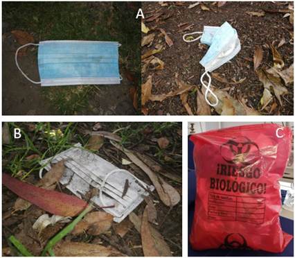Incremento en residuos plásticos. A-B, tapabocas desechados de forma inadecuada en el medio ambiente. C, incremento en volumen de residuos en unidades sanitarias.
