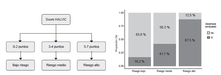 Esquemas descriptivos resumiendo la clasificaci&oacute;n de riesgo del desenlace compuesto de acuerdo con el puntaje HALVIC (izquierda) y la proporci&oacute;n de pacientes con el desenlace compuesto en cada uno de los grupos de riesgo (derecha).