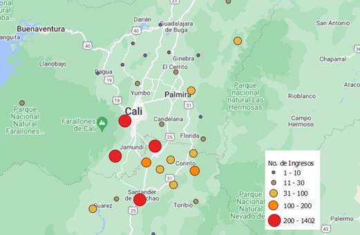 Área de influencia geográfica de Fundación Valle del Lili sobre el sur del Valle del Cauca y Norte del Cauca, Colombia. Fuentes: Base del Mapa tomada de Google Maps, construida en QGIS 3.0. y datos del Número de Ingresos tomados del Registro de trauma SPT-FVL.