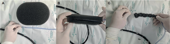 Secuencia de confecci�n del sistema de vac�o con espuma de poliuretano, sonda nasog�strica y seda 2-0.