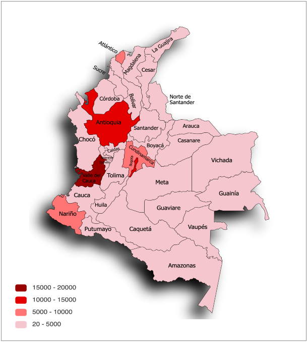 Distribuci�n de casos de colecistitis aguda respecto a los departamentos de Colombia. Fuente: Elaboraci�n propia. Se realiz� la gr�fica en https://paintmaps.com/es/grafico-de-mapa/51/grafico-de-mapa-de-Colombia
