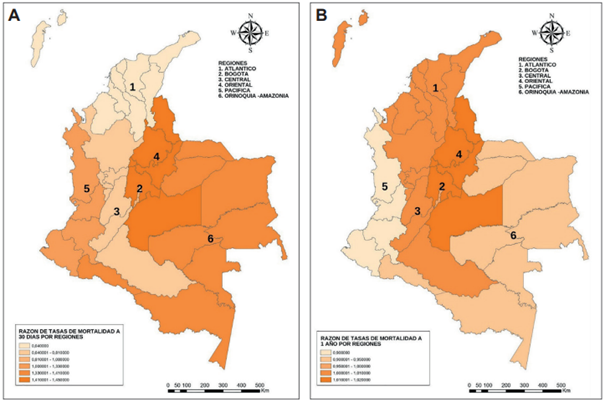 Mapa de Colombia con raz�n de tasas de mortalidad a 30 d�as (A) y a 1 a�o (B) por regiones.