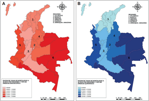 Mapa de Colombia con raz�n de tasas de mortalidad a 30 d�as por regiones de acuerdo con el tipo de drenaje. A) Endosc�pico; B) Quir�rgico.