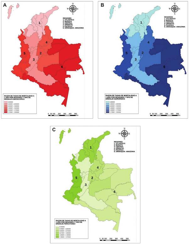 Mapa de Colombia con raz�n de tasas de mortalidad a un a�o por regiones, de acuerdo con el tipo de drenaje. A) Endosc�pico; B) Quir�rgico; C) Percut�neo.