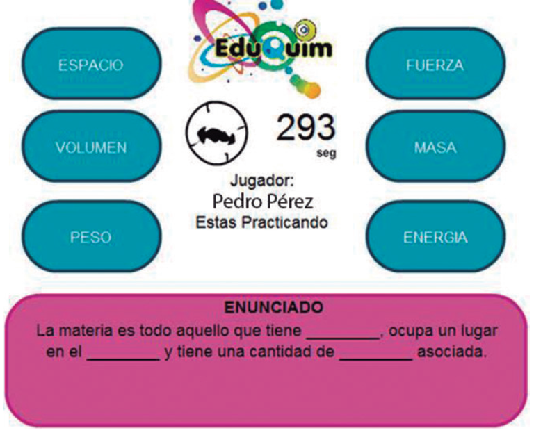 Mini-juego genérico de completar oraciones para el tema de Materia.