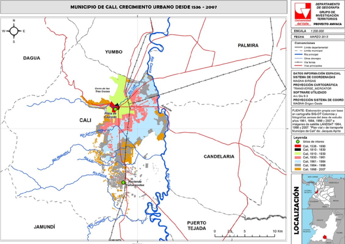 Distintos periodos del crecimiento de la &ldquo;mancha urbana&rdquo; de Cali