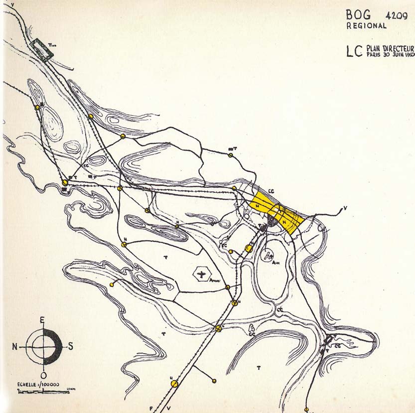 Le Corbusier, Plan Director, Mapa de la Escala Regional, nótese la clara zonificación de las actividades y la postura a mantener la ciudad densa y compacta a lo largo del eje de los Cerros Orientales