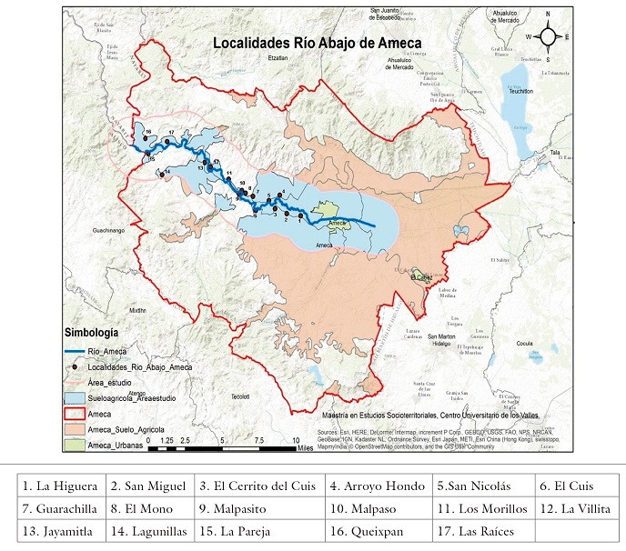 Ubicación geográfica de las localidades río abajo