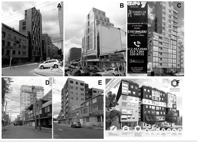 Proyectos representativos de las normas del Decreto 562 en los primeros suburbios A, B y C en el barrio Santa Bárbara Oriental (estrato 5) y D, E y F en el barrio Quiroga (estrato 3)