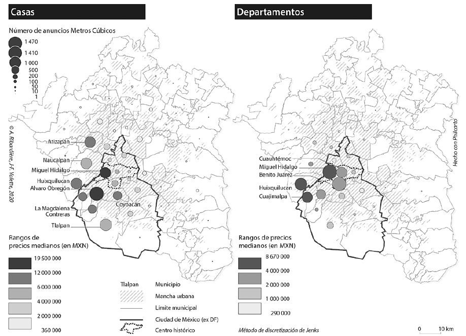 Precios medianos de las casas y de los departamentos en venta en Metros C�bicos en julio del 2014, nivel municipal