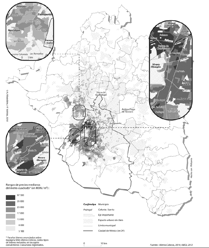 Precio mediano del metro cuadrado de los bienes anunciados en Metros C�bicos en julio del 2014, nivel ageb