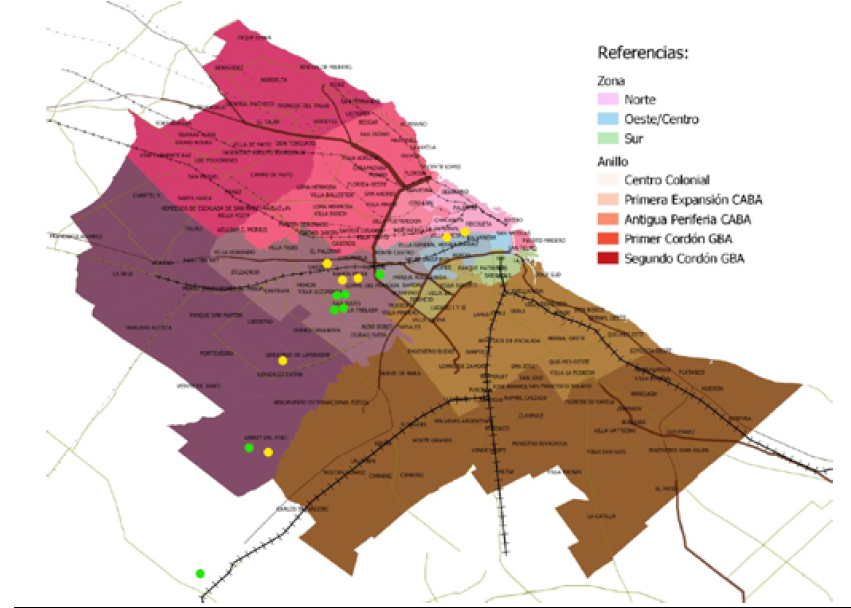 Localizaci�n de la vivienda anterior (amarillo) y actual (verde)