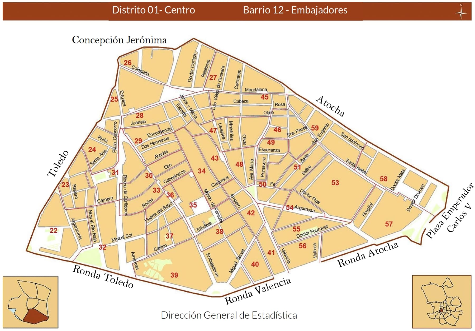 Mapa de Embajadores donde se ubica el rea de Lavapis Distrito Centro de la ciudad de Madrid.