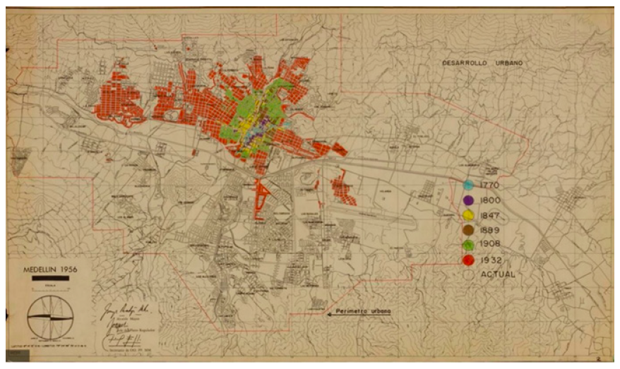 Centro de Documentaci�n de Planeaci�n (Medell�n). Planoteca E, Bandeja 9, Folio 2. Contiene desarrollo urbano: 1770, 1800, 1847, 1889, 1908, 1932 y actual. Plano localizaci�n general. Plano base, 1956, plano de an�lisis 1958.