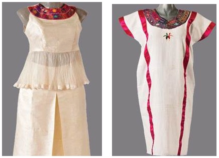 Ejemplo de
prendas elegantes, traje para mujer de seda bordada, elaborada por artesanos
huaves (izquierda), huipil hecho en telar de cintura y bordado a mano por
artesanos mixtecos (derecha)